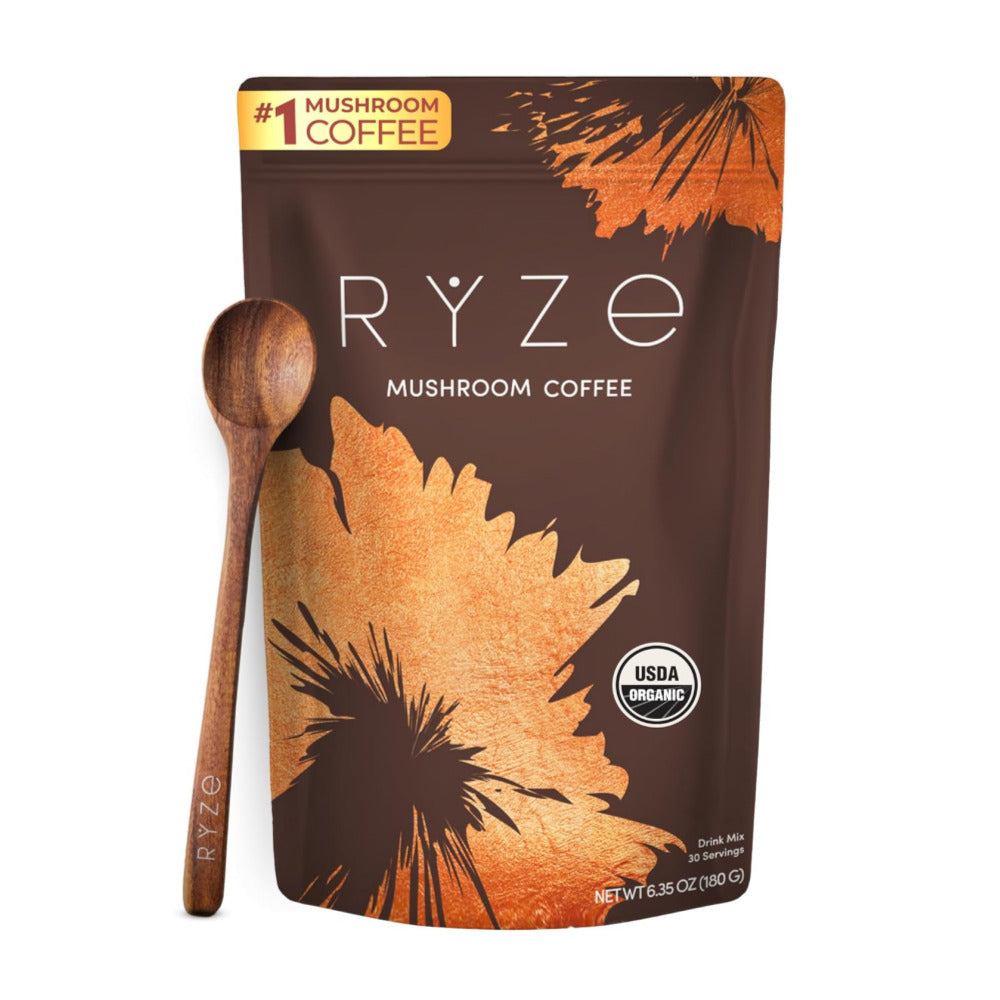 RYZE SUPERFOODS Mushroom Coffee USDA Organic with 6 Adaptogenic Mushrooms and MCT Oil, USA Grown Instant Coffee for Better Energy, Focus, Digestion, Immunity with Lions Mane & Turkey Tail, 30 servings