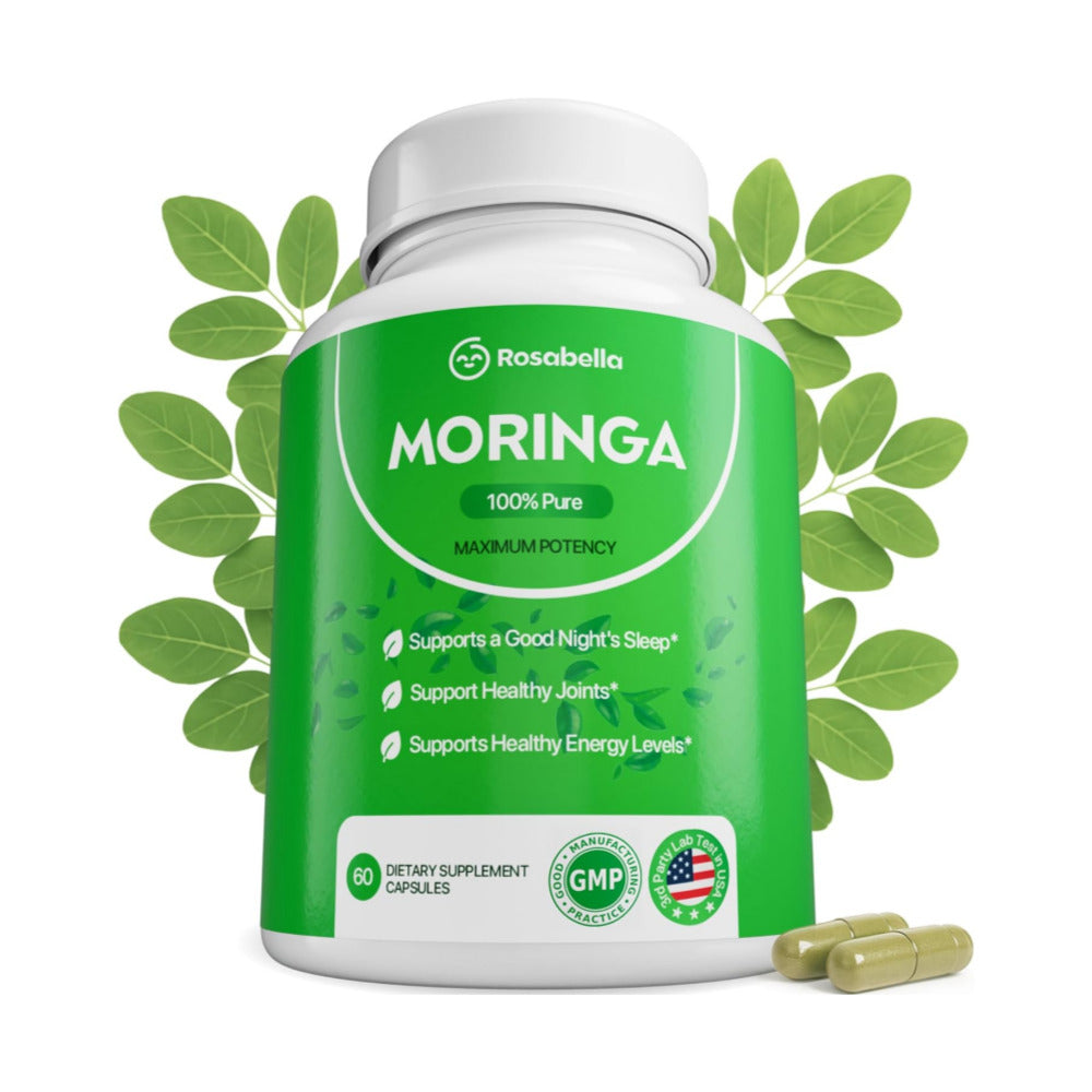 Rosabella Moringa Capsules - Pure Moringa Powder, Energy, Skin, Immune & Gut Health Superfood, Rich in Antioxidants, Essential Vitamins & Amino Acids, Natural Green Superfood Supplement - 60 Count
