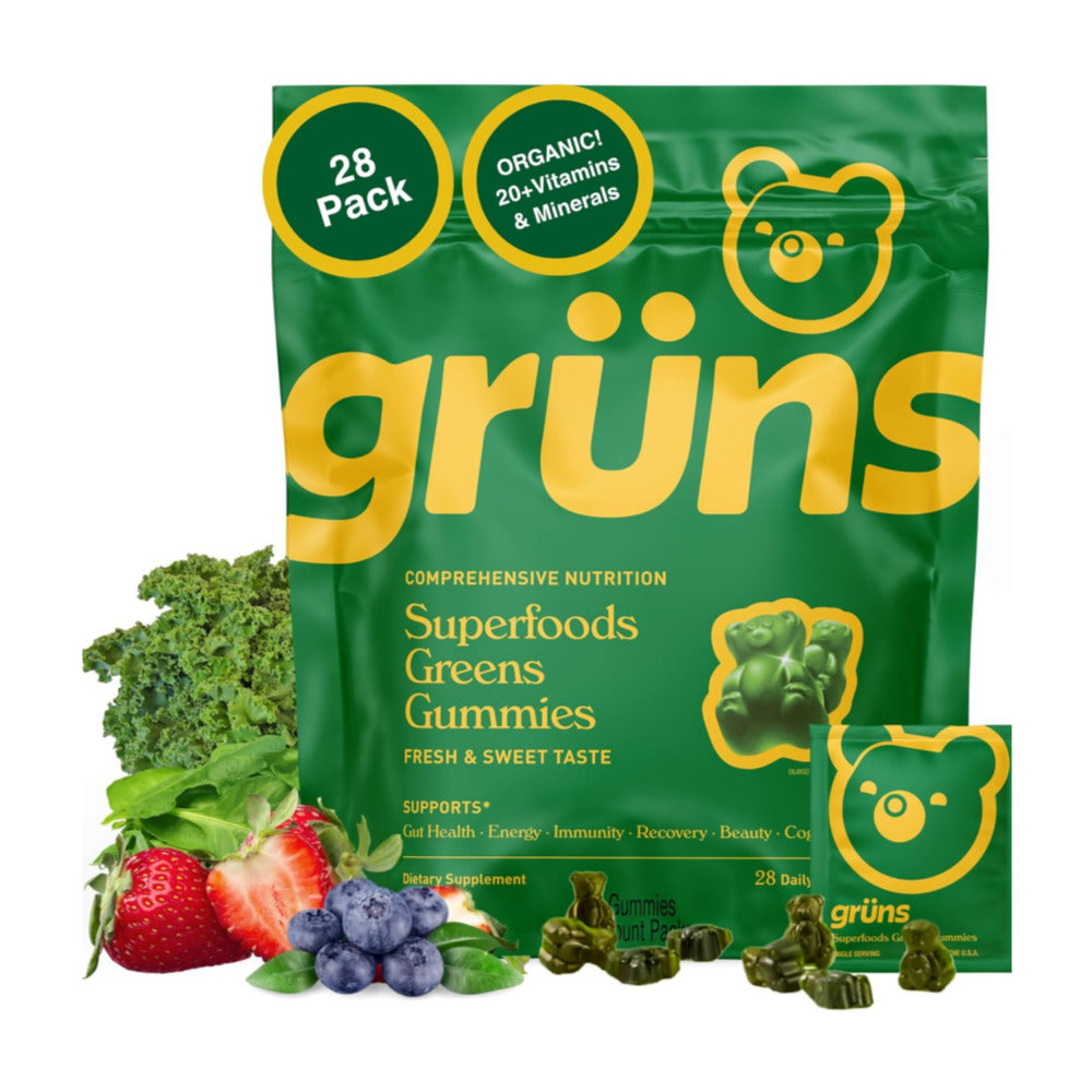 Gruns Adults Super Greens Gummies, Multivitamin Superfood Gummy Bears with Spirulina, Chlorella, Prebiotics & Fiber for Digestive Health, Adaptogens Supplement with 20 Vitamins & Minerals, 28 Count