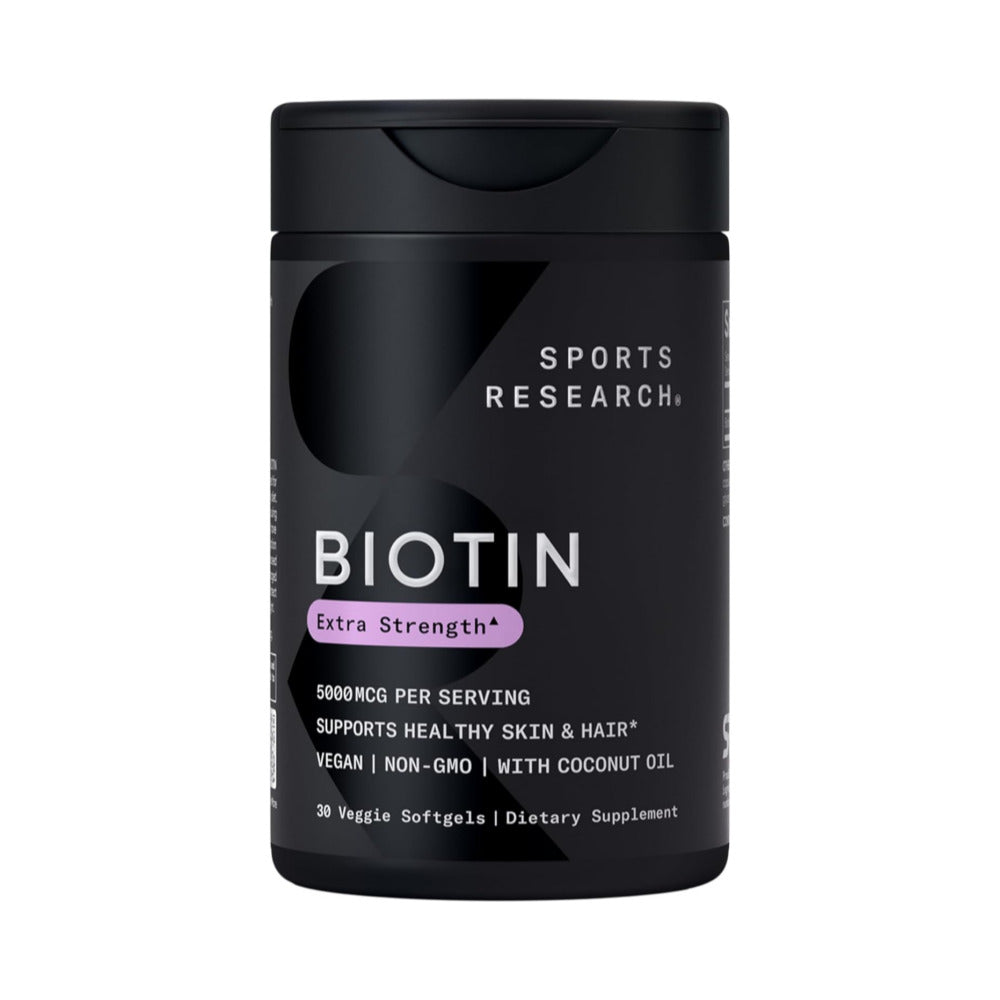 Sports Research Extra Strength Vegan Biotin (Vitamin B) Supplement with Organic Coconut Oil - Supports Keratin for Healthier Hair & Skin - Great for Women & Men - 5,000mcg, 30 Veggie Softgel Capsules