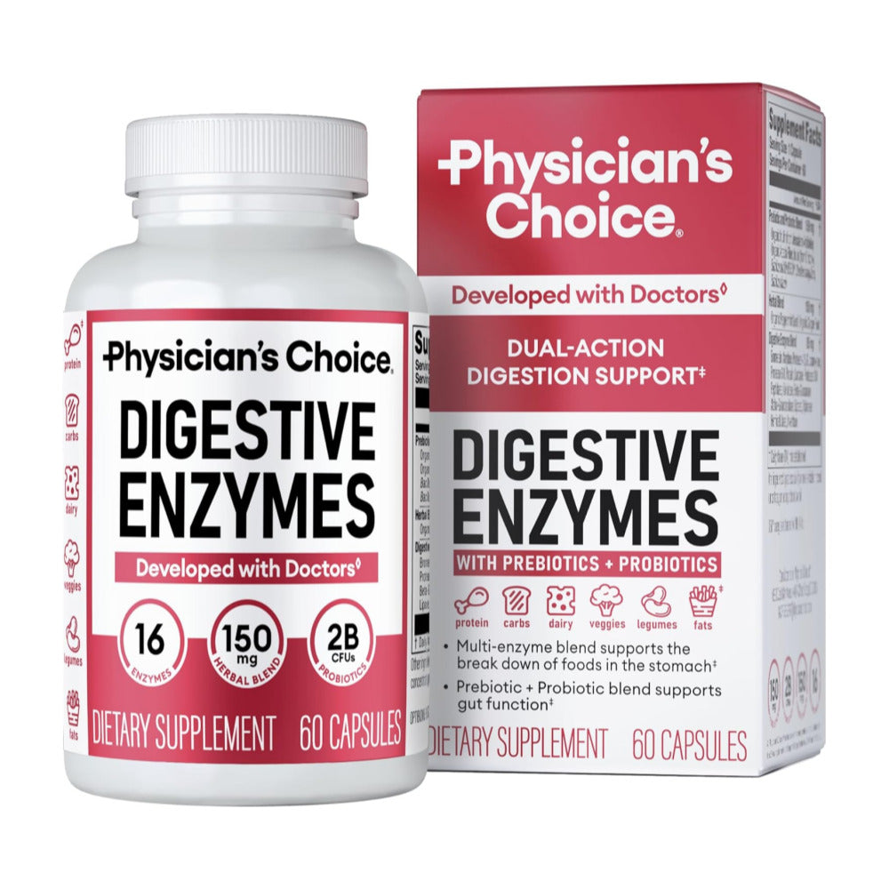 Physician's CHOICE Digestive Enzymes - Multi Enzymes, Organic Prebiotics & Probiotics for Digestive Health & Gut Health - Meal Time Discomfort Relief & Bloating - Dual Action Approach - 60 CT