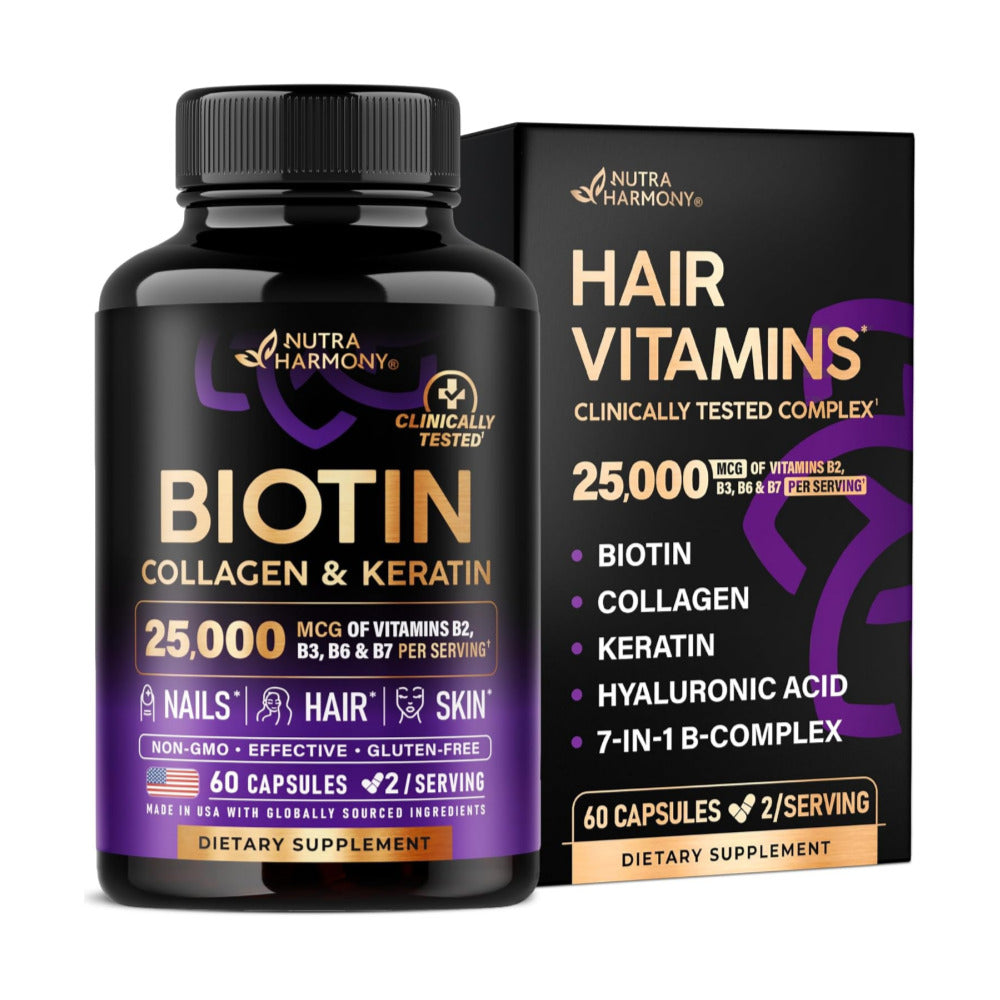 NUTRAHARMONY Biotin | Collagen | Keratin - Clinically Tested Supplement - Hair Growth Support, Skin & Nails - 25000 mcg Vitamins B2, B3, B6 & B7 + B1 & Hyaluronic Acid - Made in USA - Women & Men | 60 Capsules