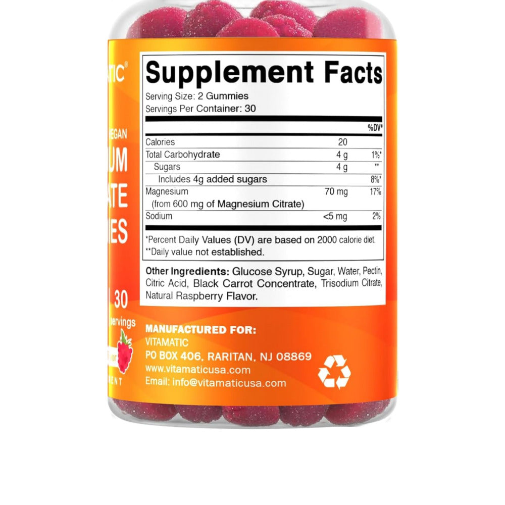 Vitamatic Magnesium Citrate Gummies 600mg per Serving - 60 Vegan Gummies - Promotes Healthy Relaxation, Muscle, Bone, & Energy Support (60 Gummies (Pack of 1))