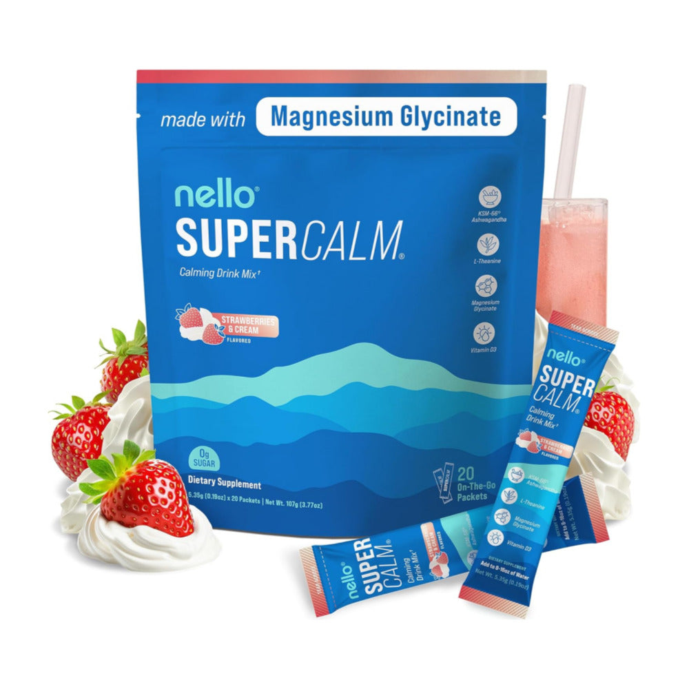 Supercalm Drink Mix - Ashwagandha KSM 66, Magnesium Glycinate & L-Theanine Supplement, Vitamin D3 - Ashwagandha Root Extract - Focus and Relaxation Support (20 Travel Packets) - Strawberries & Cream