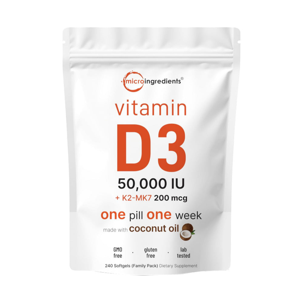 Micro Ingredients Vitamin D3 50,000 IU + K2 MK-7 200 mcg, 240 Softgels | Virgin Coconut Oil | 2-in-1 Bone, Immune & Heart Support | Easy to Swallow, Non-GMO