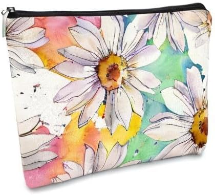 White Daisy Flowers Makeup Bag,Watercolor Botanical Flower Cosmetic Bag Best Gift Idea for Teen Girls Women,Birthday Christmas Gifts for Girls Women Daughter Sister