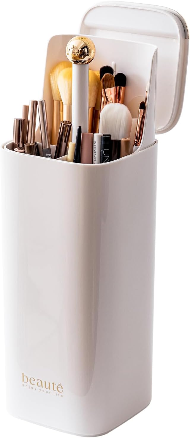 Makeup Brush Holder with Lid Cosmetic Tools Organizer(White