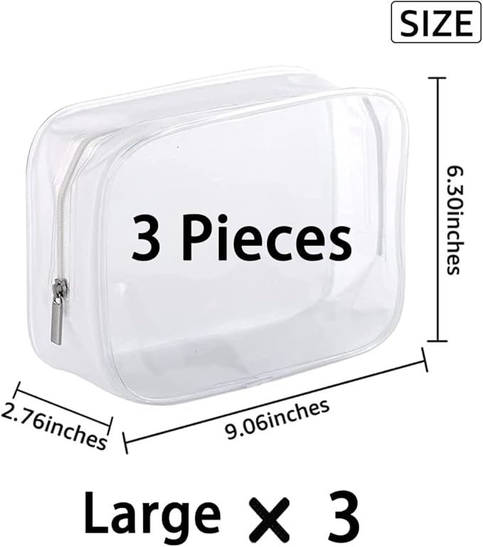 Clear Plastic Zippered Toiletry Carry Pouch TSA Approved Toiletry Bag Portable Cosmetic Makeup Bag for Vacation, Bathroom and Organizing (White 3Pcs, Large)