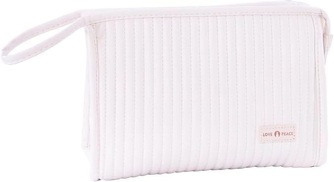 Small Makeup Bag Simple Cosmetic Pouch, Water Resistant PU Striped Leather Portable Travel Toiletry Bag with Handle for Women and Girls (Creamy White)