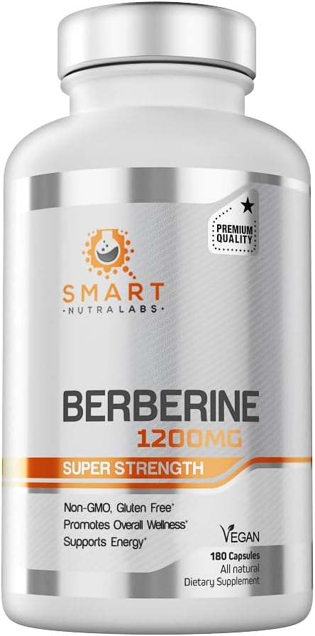 Smart Nutra Labs Premium Berberine HCL 1200mg- 180 Vegan Capsules, 100% Pure Berberine Supplement- Non-GMO, Gluten Free