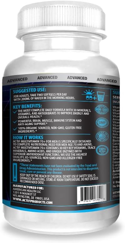 ACTIF Multivitamin for Men Age 70+ with 30 Advanced Factors – Non GMO, Made in USA, 90 Count