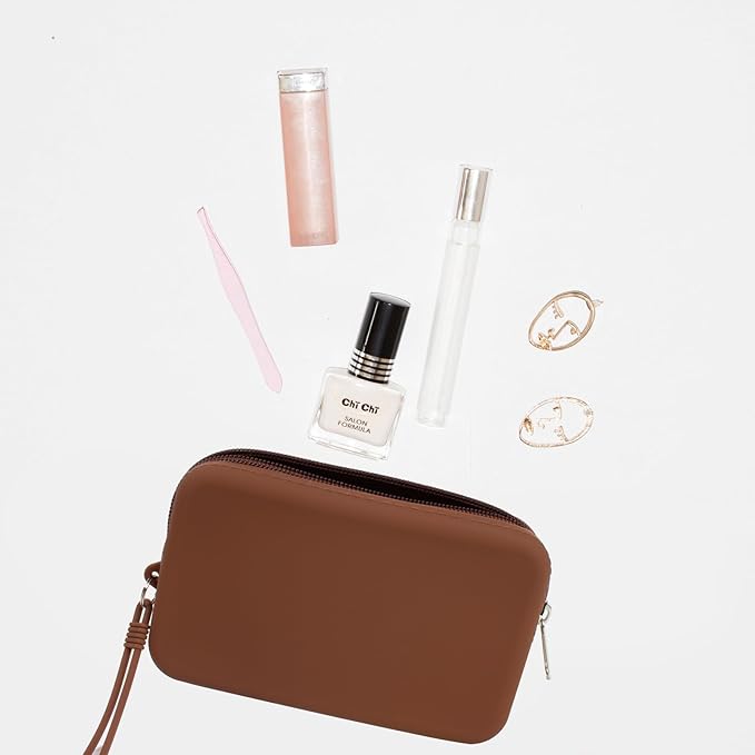 Silicone Small Makeup Bag Pouch for Purse, Travel Toiletry Bag Cute Portable Cosmetic Bag Waterproof Makeup Storage Bag Mini Zipper Clutch Makeup Organizer for Makeup, Beauty Tools (Small Brown)
