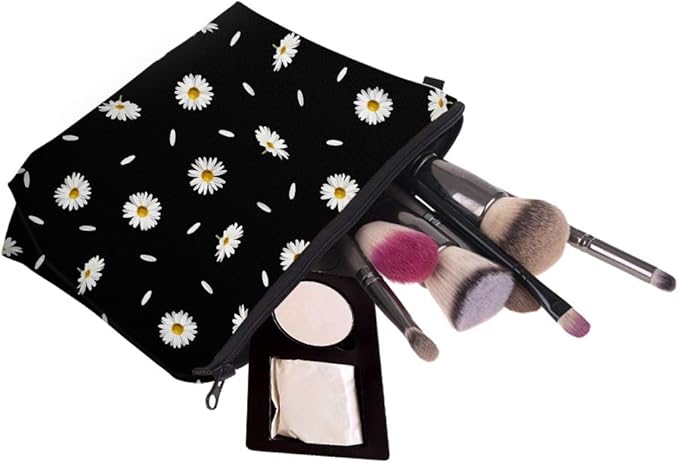Cute Travel Makeup Bag Cosmetic Bag Small Pouch Gift for Women (Daisy Black)