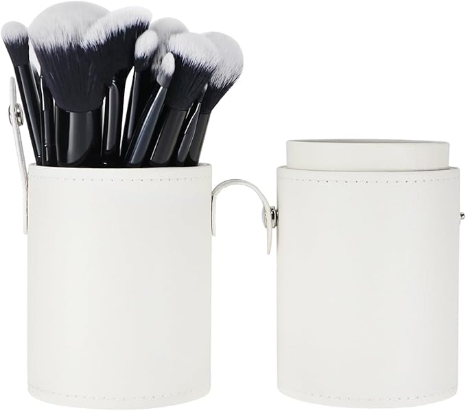 Portable Makeup Brush Case,Pu Leather Makeup Brush Holder with Button,Travel Cup Storage Dustproof Makeup Cosmetic Bags for Women (White)