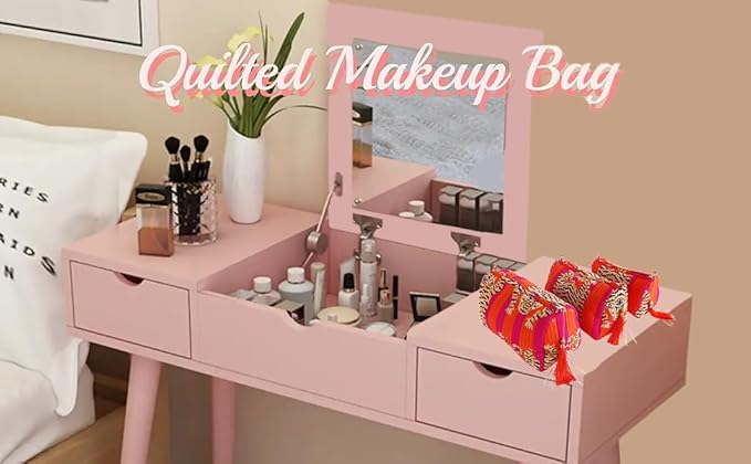 Rastogi Handicrafts Cosmetic Bags Set, 3 Piece Make Up Organizer Bag Storage Bags with Zipper Closure (3, Dark Pink, Design-7)