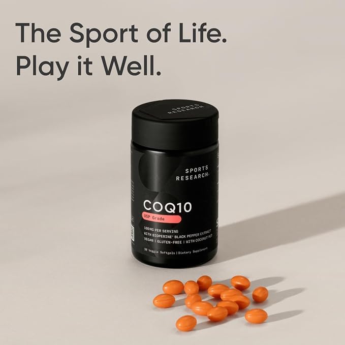 Sports Research CoQ10 (100mg) Enhanced w/Coconut Oil & Bioperine (Black Pepper) for Better Absorption | Vegan, Non-GMO Verified (30 Veggie Softgels)