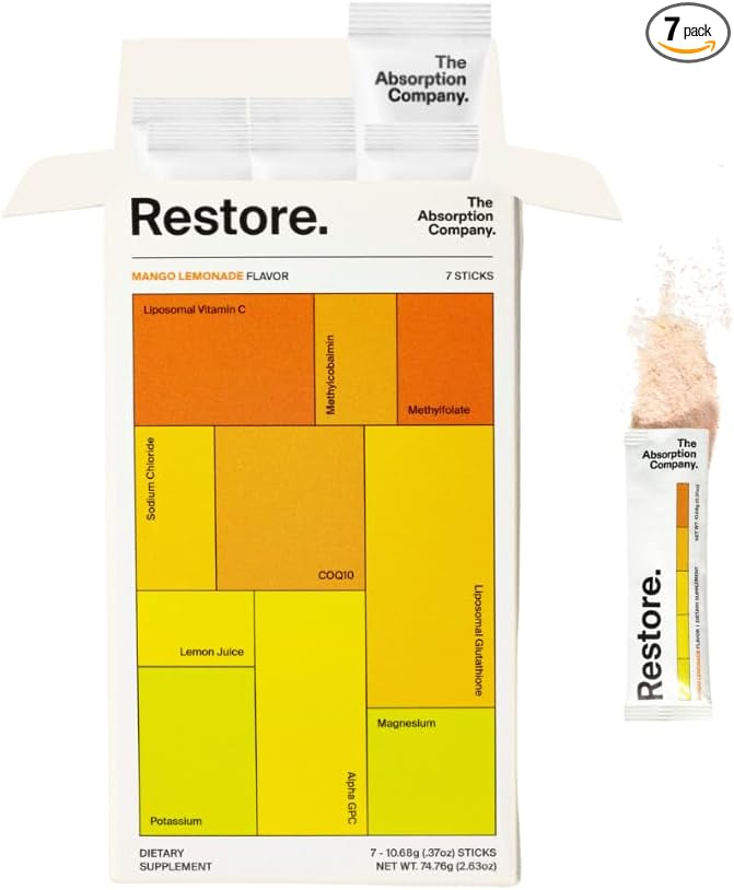 Electrolyte Powder Packets - Workout Recovery & Hydration Drink Mix with Liposomal Glutathione, Vitamin C & Methylated B Vitamins - Mango Lemonade (7 Sticks)