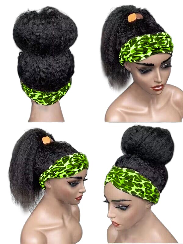 Kinky Straight Headband Wig Human Hair 180% Density 12A Headband Wigs for Black Women Glueless Yaki Headband Half Wig Human Hair Machine Made No Lace Front Headband Wig Natural Black Color 14 Inch