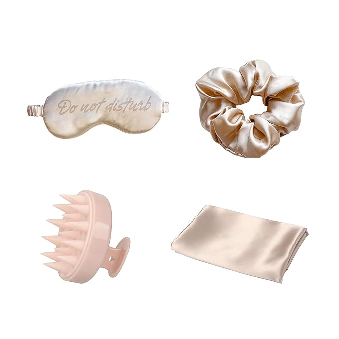 Holler & Glow Bedtime Basics Accessories Set, Limited Edition, Sleep Eye Mask, Silk Scrunchie, Hair Growth Scalp Massager, Satin Pillowcase, Beauty Sleep For Women & Mother’s, 4 Piece Gift Set