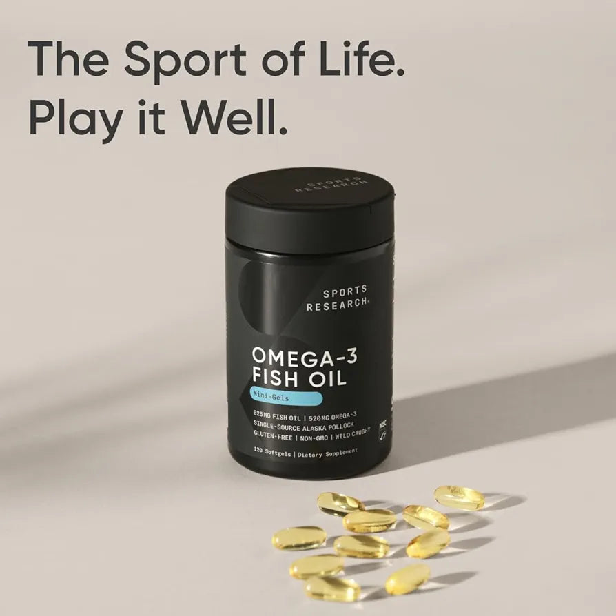 Sports Research Fish Oil Mini-Softgels - Easy to Swallow Omega-3 Fatty Acids from Wild Caught Alaska Pollock Supporting Brain & Heart Health - 625 mg, 120 ct