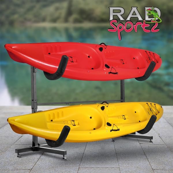 Kayak Storage Rack - Freestanding Kayak Stands with Padded Arms and Adjustable Straps - Holds multiple Canoes, SUP, or Paddleboards by Rad Sportz
