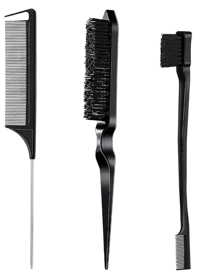 Hair Styling Brush Set - Slick Back Comb, Edge Control Brush, Rat Tail Comb for Smooth Styling, Frizz Taming, and Parting (3 Pieces)