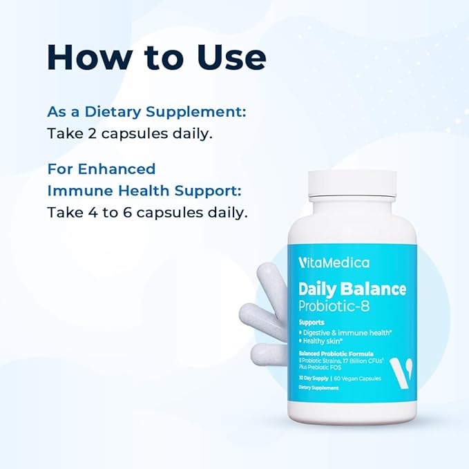 VitaMedica | Daily Balance Probiotic-8 | Probiotic Supplement | 16 Billion CFUs | Gut Health | Digestive, Skin, & Immune Support | Constipation, Diarrhea, Gas & Bloating Relief | Vegan | 60 Count