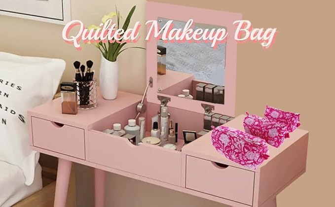 Rastogi Handicrafts Cosmetic Bags Set, 3 Piece Make Up Organizer Bag Storage Bags with Zipper Closure (3, Pink, Design-5)