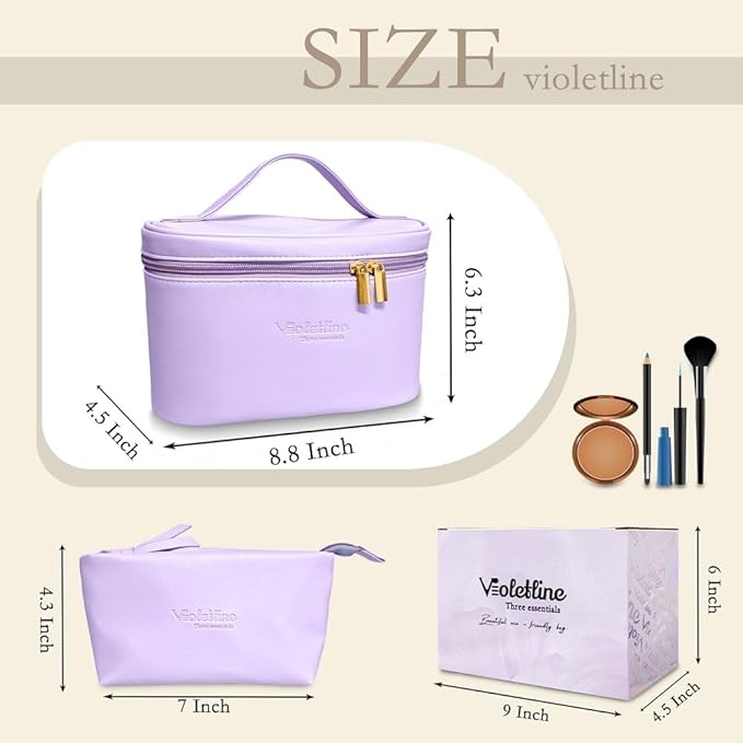 Travel Cosmetic Bag for Women, PU Leather Cosmetic Bag Set of 2, Waterproof, Large Makeup Bag with Handle (Light purple makeup bag)