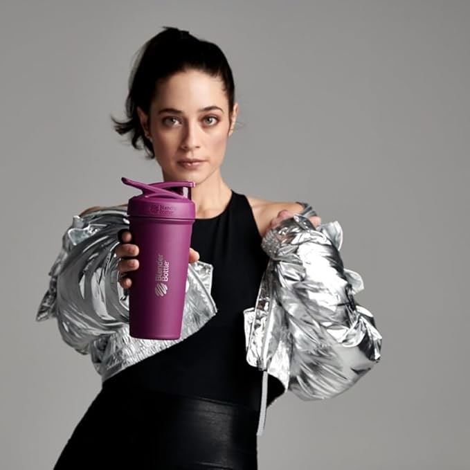 BlenderBottle Strada Shaker Cup Insulated Stainless Steel Water Bottle with Wire Whisk, 24-Ounce, Plum