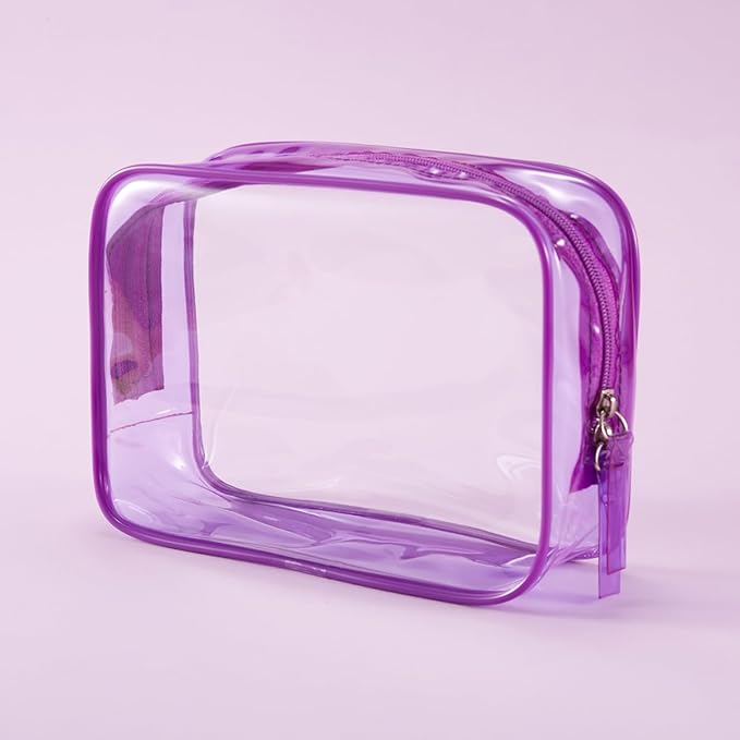 Clear Plastic Violet Zippered Toiletry Carry Pouch TSA Approved Toiletry Bag Portable Cosmetic Makeup Bag for Vacation, Bathroom and Organizing (Violet 3Pcs, Small)
