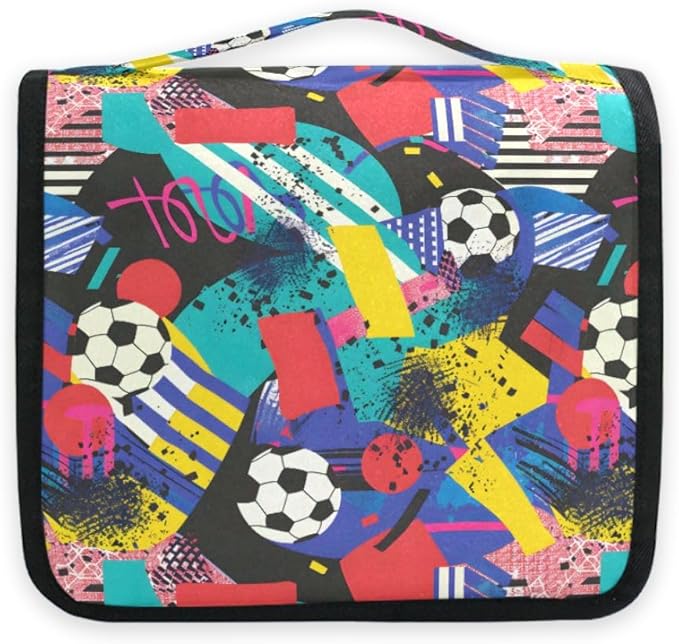 senya Hanging Travel Toiletry Bag Kit Boys Makeup Case Cosmetics Organizer for Men Women (Inspired Soccer Bright Colors)