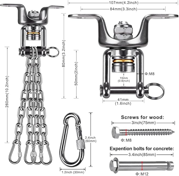 SELEWARE Heavy Duty Punching Bag Hanger with Bearing, Stainless Steel 360° Rotation Wood Beam Holder with Chains for Hanging Indoor Outdoor Boxing Punching Bag