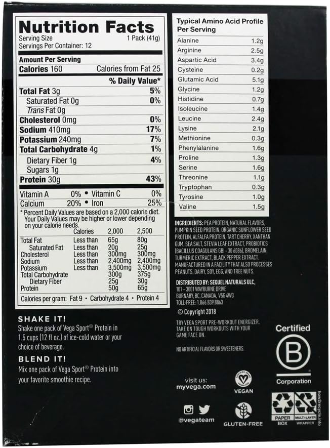 Vega Sport Premium Vegan Protein Powder, Vanilla - 30g Plant Based Protein, 5g BCAAs, Low Carb, Keto, Dairy Free, Gluten Free, Non GMO, Pea Protein for Adults, 12 x 1.6 oz Sachets (Packaging May Vary)