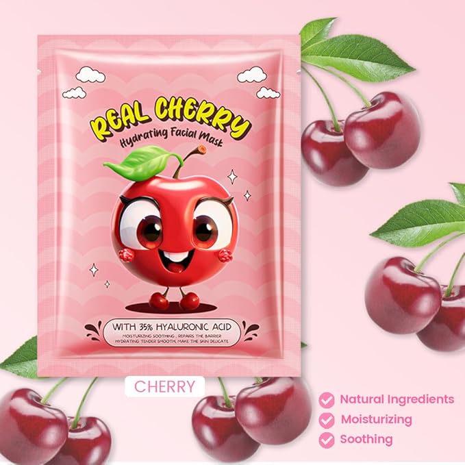 8 Pack Cherry Fruit Face Mask,Pink Face Masks Spa Day kit Supplies for Teens Girls Women,Sheet Facial Mask Skincare for Kids Gifts Set,Hydrate Nourish Soothe for All Skin Types,Spa Party Favors