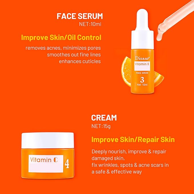 Vitamin C Organic Orange Extract Skin Care Set Facial Wash Toner Serum Face Cream Moisturizing Reduce Wrinkles Hydrate 30ml+30ml+10ml+15g 4PCS