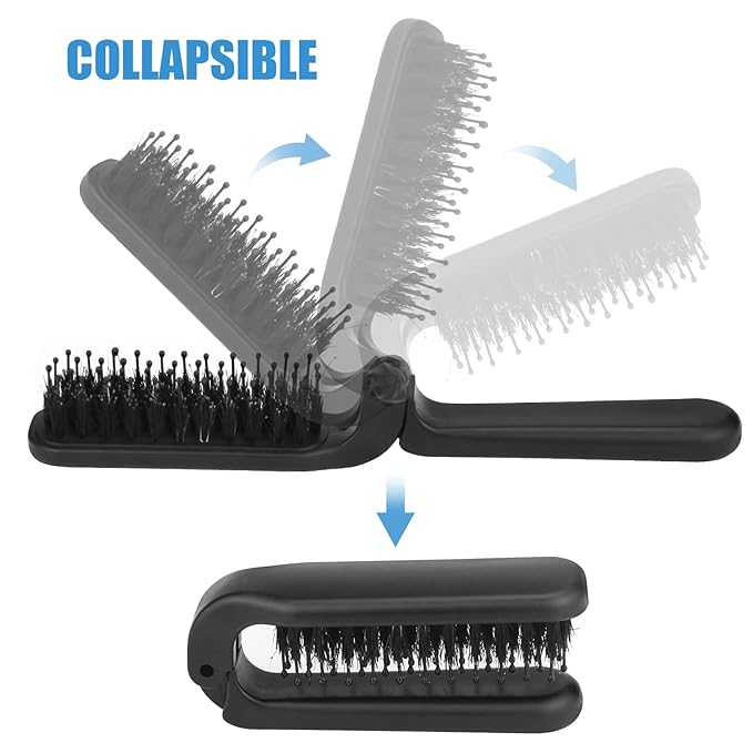 Ancable Travel Folding Hair Brush, Collapsable Portable Pocket Boar Bristle Hair Brush for Thin and Thick Hair, Mini HairBrush for Men Women Kids, Restores Shine, Black