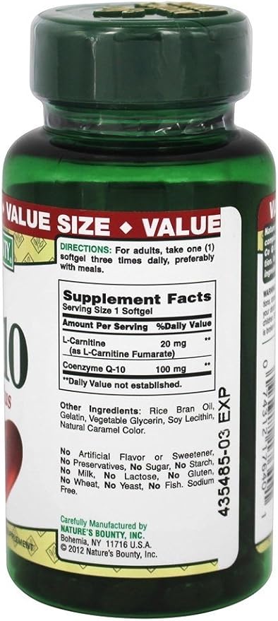 CoQ10 by Nature's Bounty, Dietary Supplement, Supports Heart Health, 100mg Plus L-Carnitine, 60 Softgels