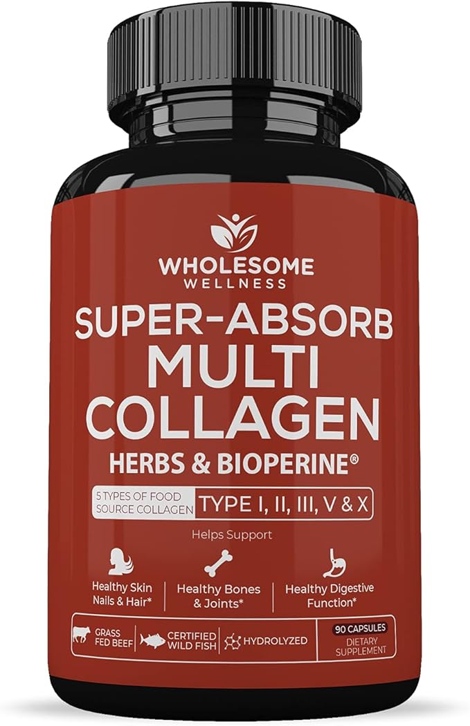 Super-Absorb Multi Collagen Pills (Type I II III V X) Organic Herbs and Bioperine - Hair, Skin, Nails, Joints - Hydrolyzed Collagen Peptides Protein Supplement for Women Men (90 Capsules)