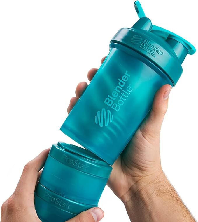 BlenderBottle Shaker Bottle with Pill Organizer and Storage for Protein Powder, ProStak System, 22-Ounce, Cyan