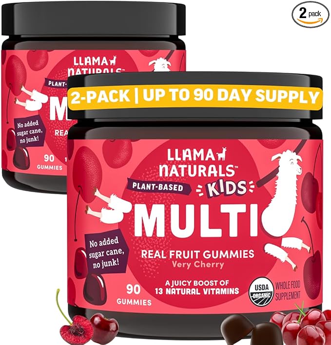 Real Fruit Gummy Vitamins for Kids, No Added Sugar Cane, Beta Carotenes, Whole Food Multivitamin, Vegan Toddler Gummies, Plant Based, Organic, Chewable 90 ct (30-45 Days) Cherry (2 Pack)