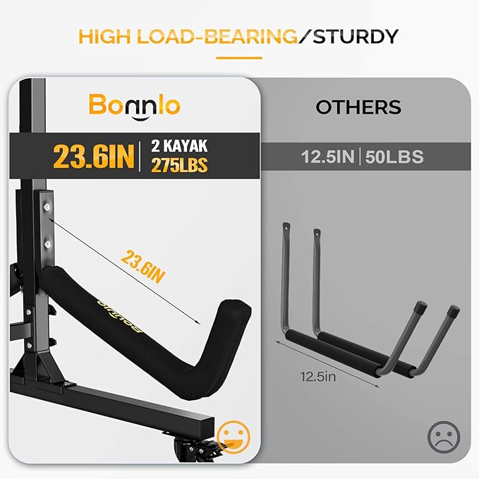 Bonnlo Kayak Stand Freestanding Storage Rack for Kayak Canoe Boat Paddle Board SUP Surfboard for Indoor Outdoor Garage, Shed, Dock with Lockable Wheels Wide Adjustable