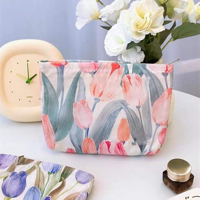 Cosmetic Bags for Women Makeup Bag Large Capacity Purse Travel Toiletry Zipper Storage Pouch Make up Brushes Organizer for Gifts (Pink, tulip)