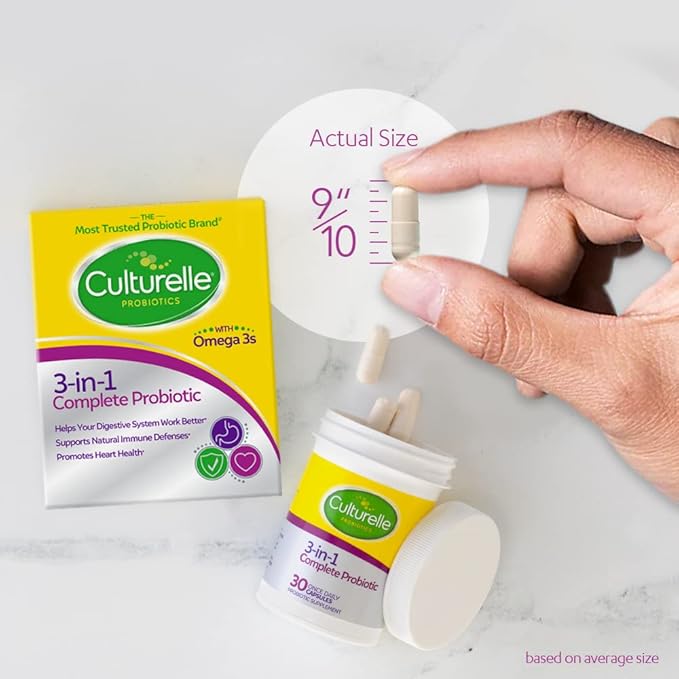 Culturelle 3-in-1 Complete Probiotic Daily Formula, Once Per Day Probiotic Supplement, Helps Your Digestive System Work Better, Supports Natural Immune Defenses, Plus Omega 3's, Non-GMO, 30 Count