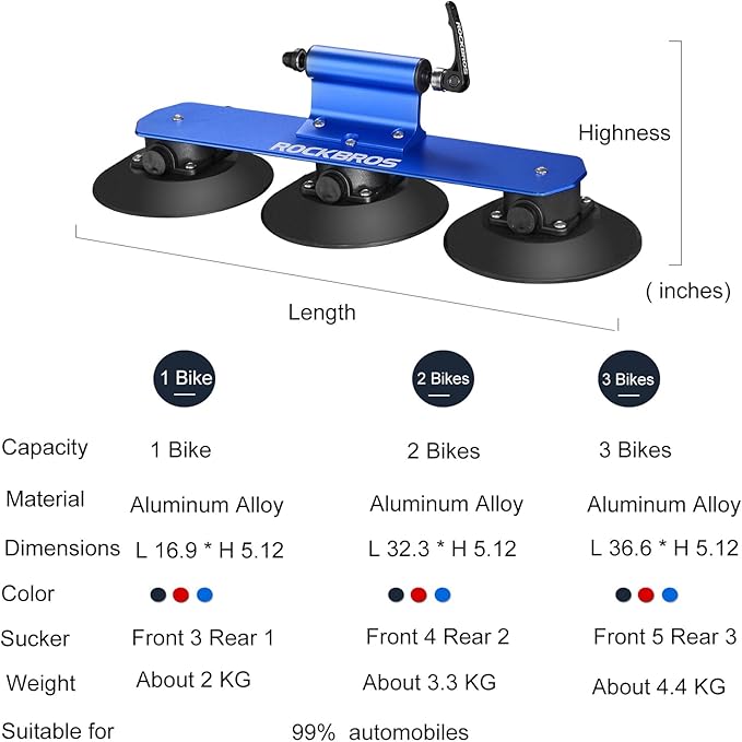 ROCKBROS Suction Cup Bike Rack for Car Roof Top Sucker Bike Rack Quick Release Aluminium Alloy Bike Carrier with Sucker for 1 Blue