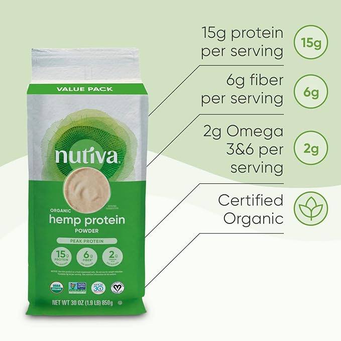 Nutiva Organic Cold-Pressed Raw Hemp Seed Protein Powder, Peak Protein, 30 Oz, USDA Organic, Non-GMO, Whole 30 Approved, Vegan, Gluten-Free & Keto, Plant Protein with Essential Amino Acids