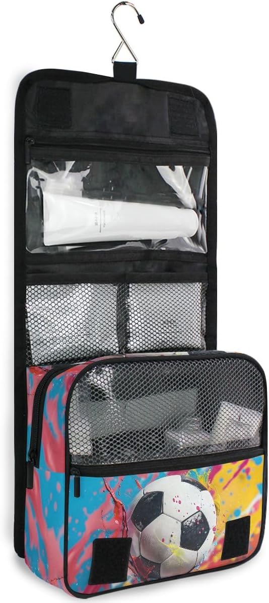 senya Hanging Travel Toiletry Bag Kit Boys Makeup Case Cosmetics Organizer for Men Women (Soccer Colorful)