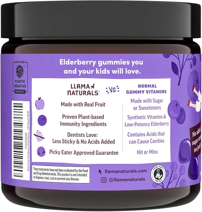 Llama Naturals Real Fruit Sambucus Elderberry Gummies for Kids, No Added Sugar Cane, Vegan, Organic Toddler Immune Support, Zinc & Vitamin C Children 120 Count (2-4 Month Supply)