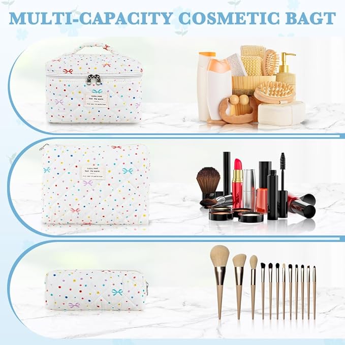 3Pcs Cotton Quilted Makeup Bag Set,Large Floral Cosmetic Bag,Aesthetic Toiletry Travel Makeup Bag Set and Cute Flower Bag for Women Girls (Apricot Colored Dot)