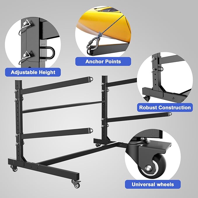 Heavy Duty Freestanding Kayak Storage Rack, Adjustable Metal Stand for Kayaks, Canoes, SUPs, Paddleboards & Surfboards with Lockable Wheels, Indoor & Outdoor Use